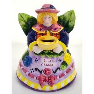 BANK-GARDEN ANGEL-"SPARE CHANGE"-Floral/Leaves-Bottom Stopper-Unique-Shelf Decor
